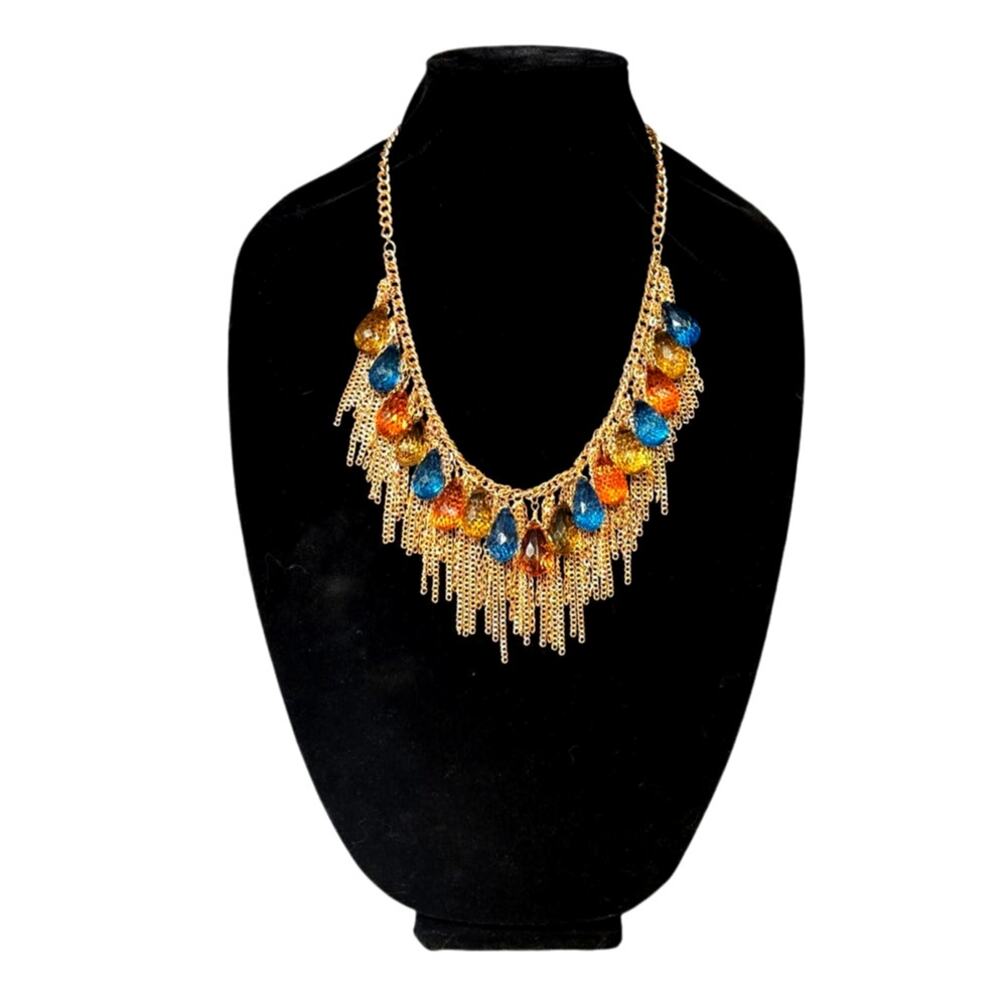 Statement Bib Necklace – Gold Fringe with Blue & Orange Drop Beads (NWOT)